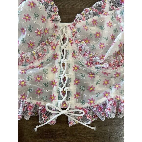 For Love & Lemons Blooms Bustier White Pink Floral Embroidered Lace Size 36D - Picture 10 of 16